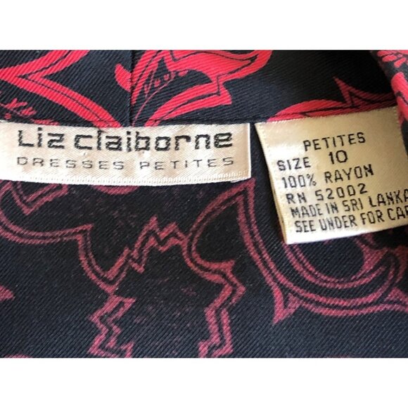Liz Claiborne Dress Red Black Paisley Vtg 80s Career Midi Leather Belt Womens M - Picture 4 of 12